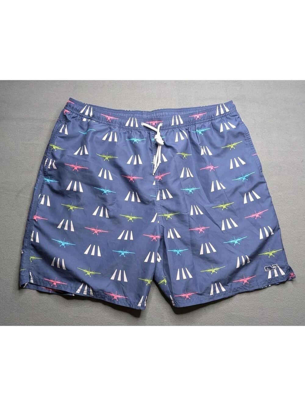 Vineyard Vines Swim Shorts Mens XL Blue Airplane Runway Lined Trunks Pockets